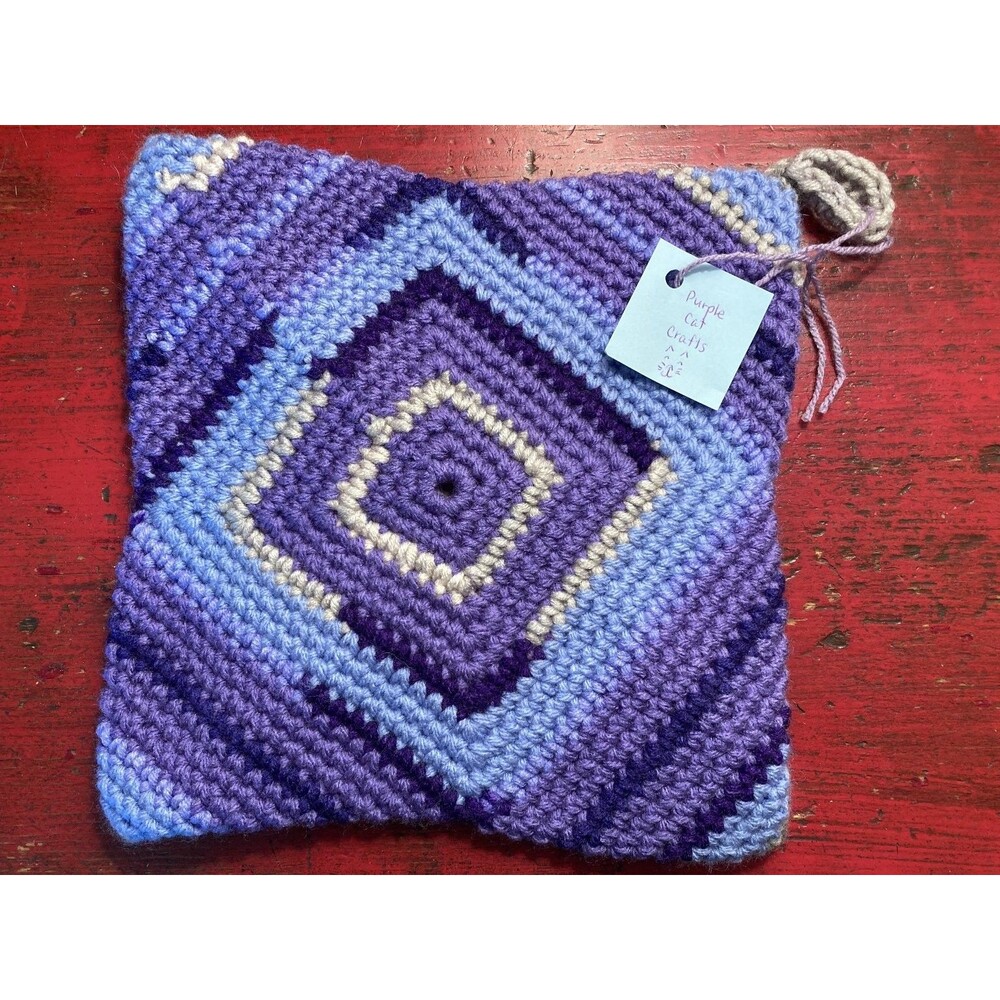 PURPLE CAT CRAFTS Handmade Crocheted Trivet Potholder Hot Pad Square Purple